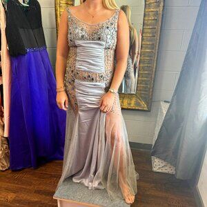 Statement Piece: Unique Silver Gray Sheer Formal Gown Event Party Dress